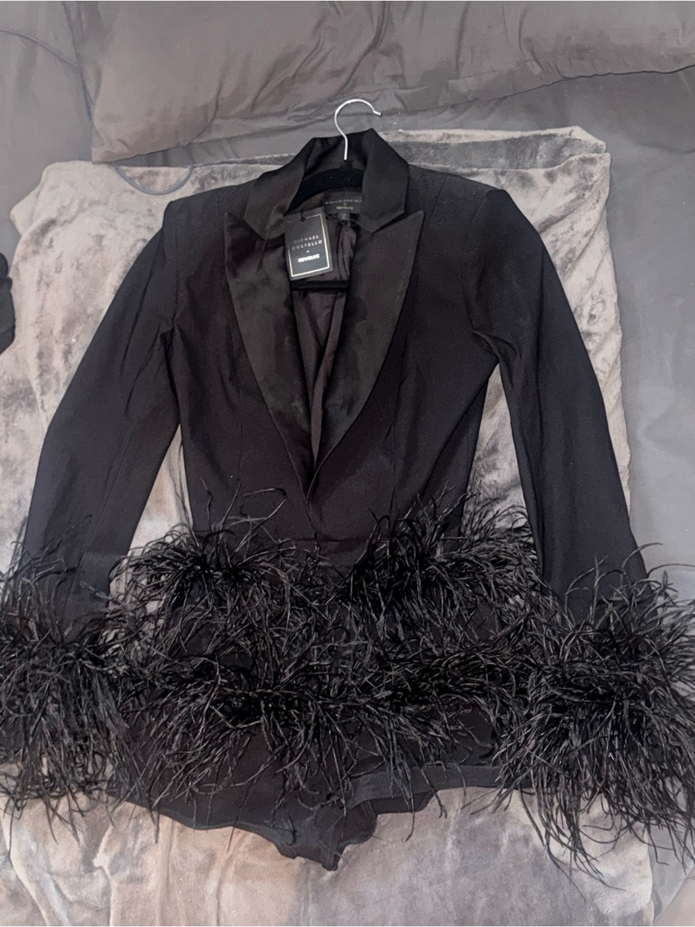 REVOLVE Black Feather-Trim Tailored Jumpsuit